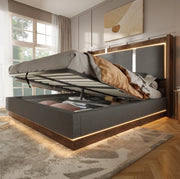 Letto matrimoniale 180x200 cm in lino grigio e noce, LED e contenitore –