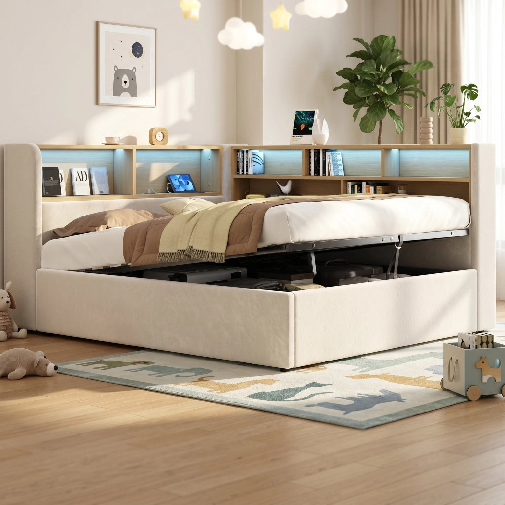 Letto contenitore 140x200 cm con sollevamento idraulico; LED; prese USB e rivestimento in velluto beige