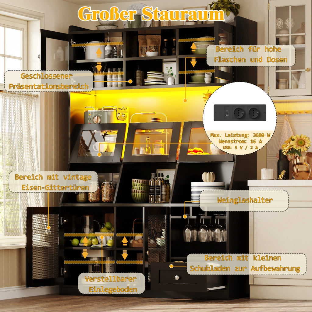Credenza alta da cucina con LED, porta in vetro e ripiani regolabili, USB, in MDF nero, 120 × 40 × 181.7 cm