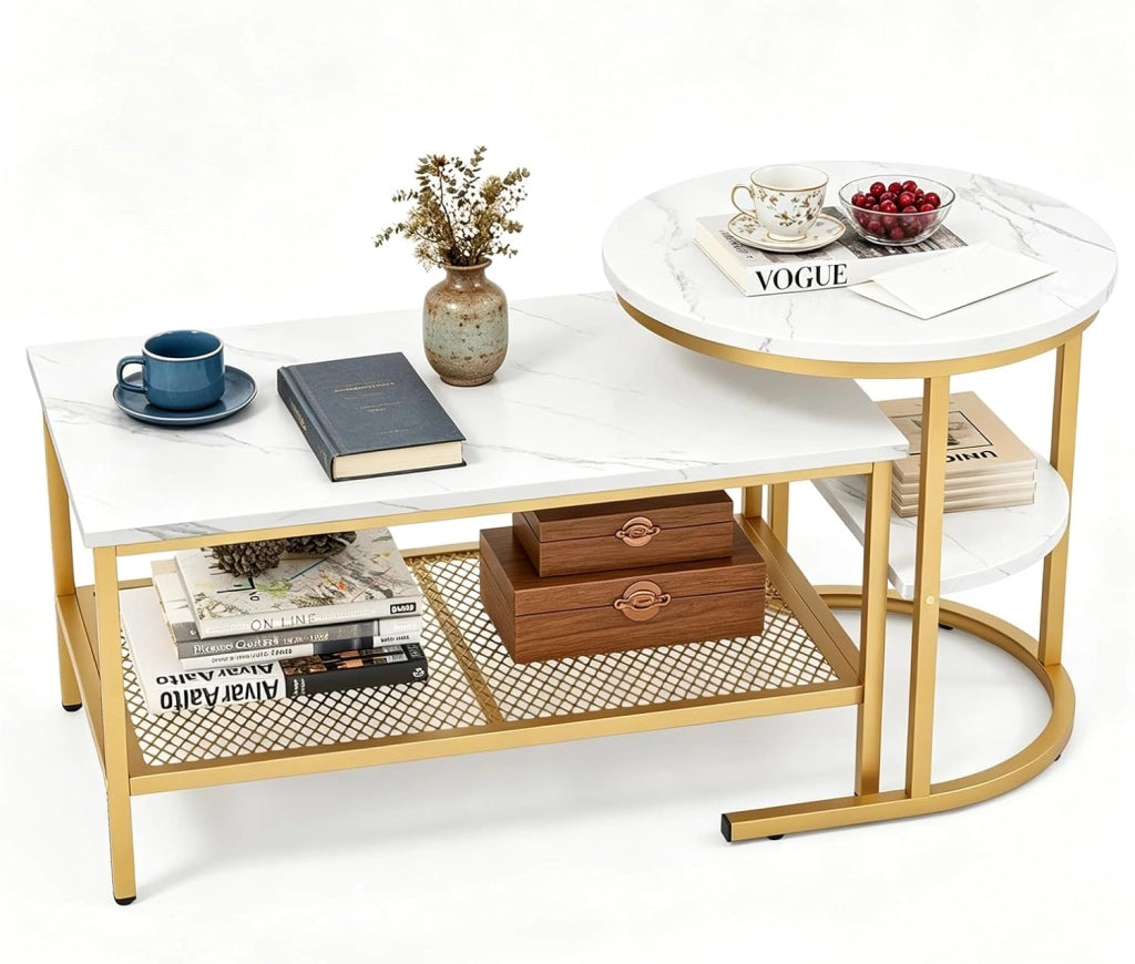 Set 2 Tavolini da Salotto, moderni tavoli bassi componibili con Struttura in Metallo, Ripiani Aperti, Tavolino Rotondo e Tavolino Rettangolare da Caffè, per Camera e Ufficio (Bianco e Oro)