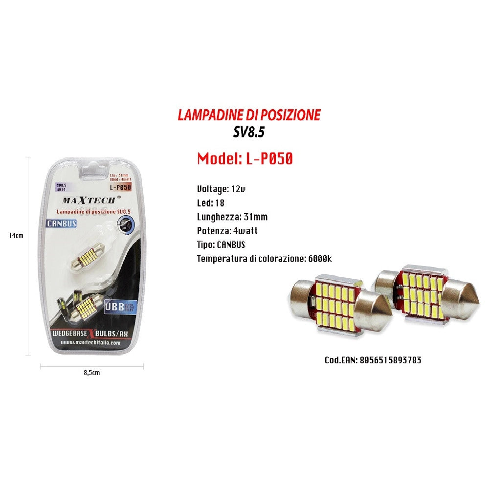 Trade Shop - Lampadine Di Posizione Sv8.5 12v 18led 31mm 4watt Maxtech L-p050 Ultra Luminose -