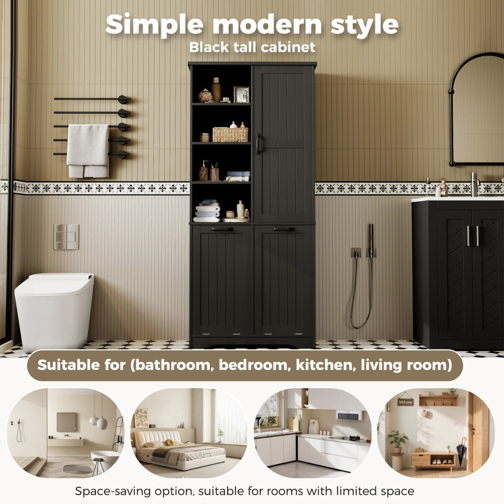 Armadietto da bagno con 1 anta 2 cesti portabiancheria e ripiani regolabili in MDF nero 78 × 35 × 172,7 cm
