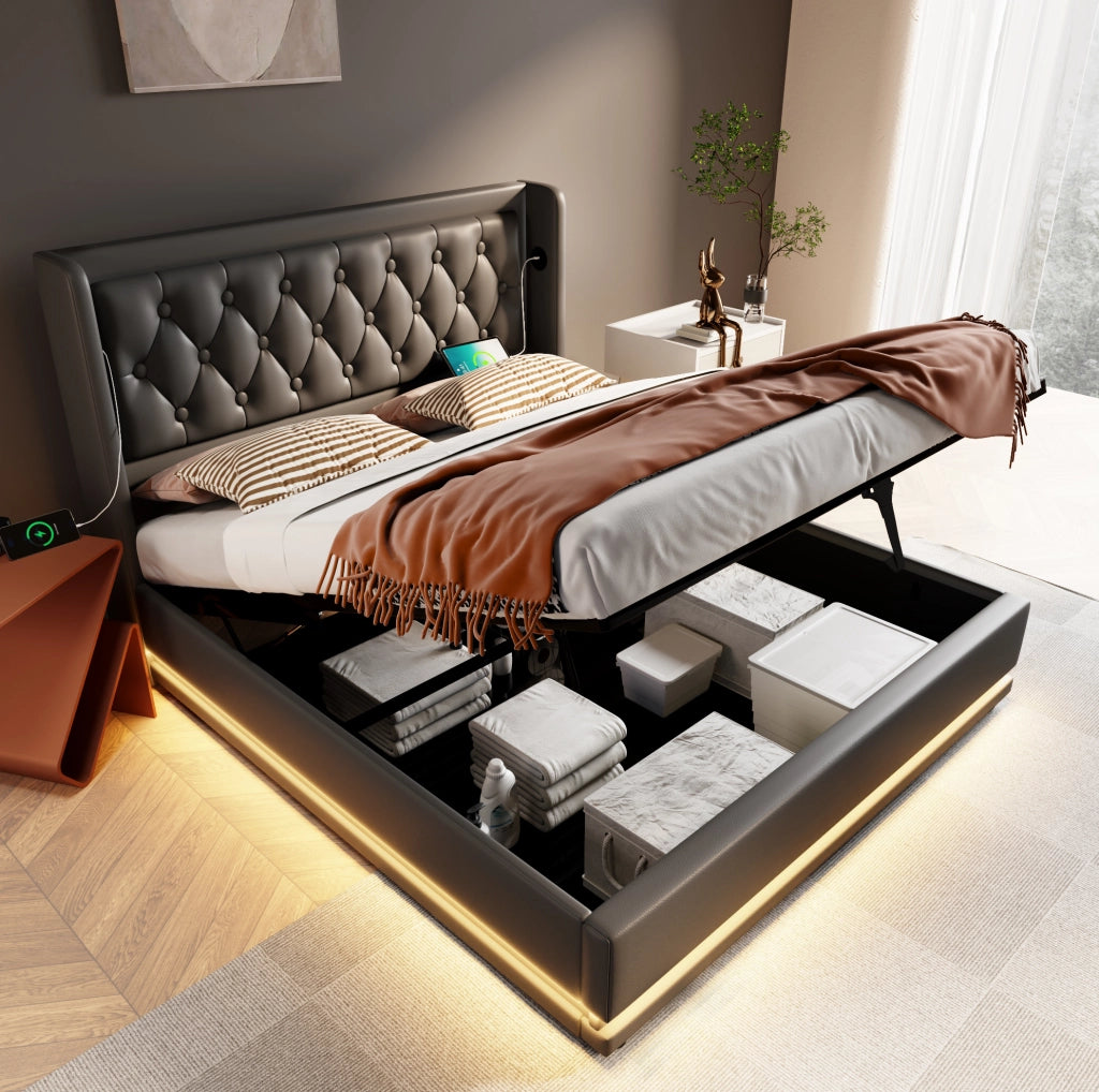 Letto imbottito 140x200 cm nero PU con contenitore idraulico, LED e USB-C
