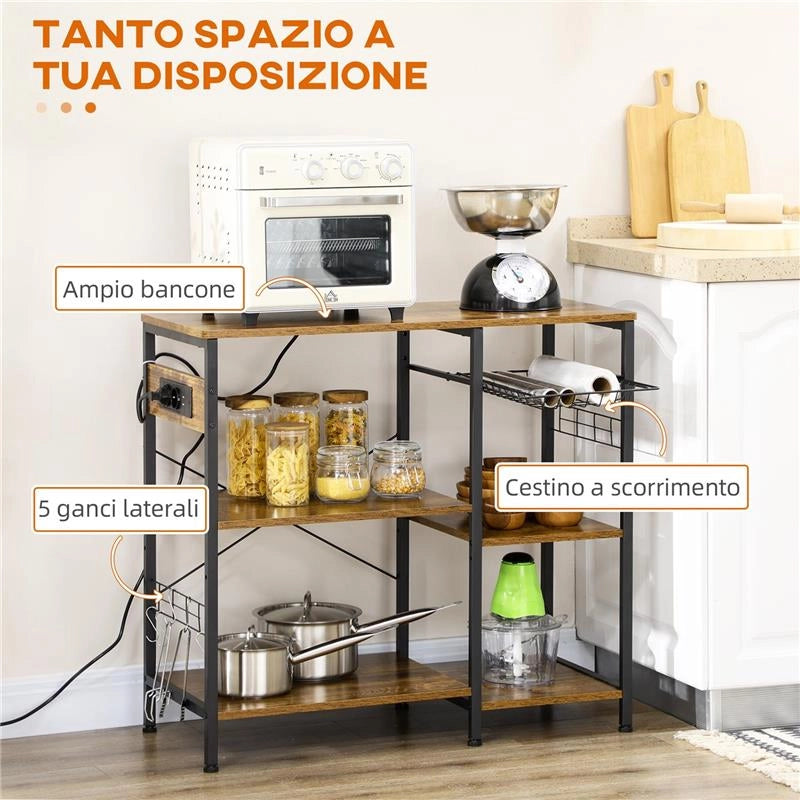 MOBILE DA CUCINA A 3 RIPIANI IN TRUCIOLATO CON PRESA DI CORRENTE, PORTA USB E CESTINO, 90X40X83CM