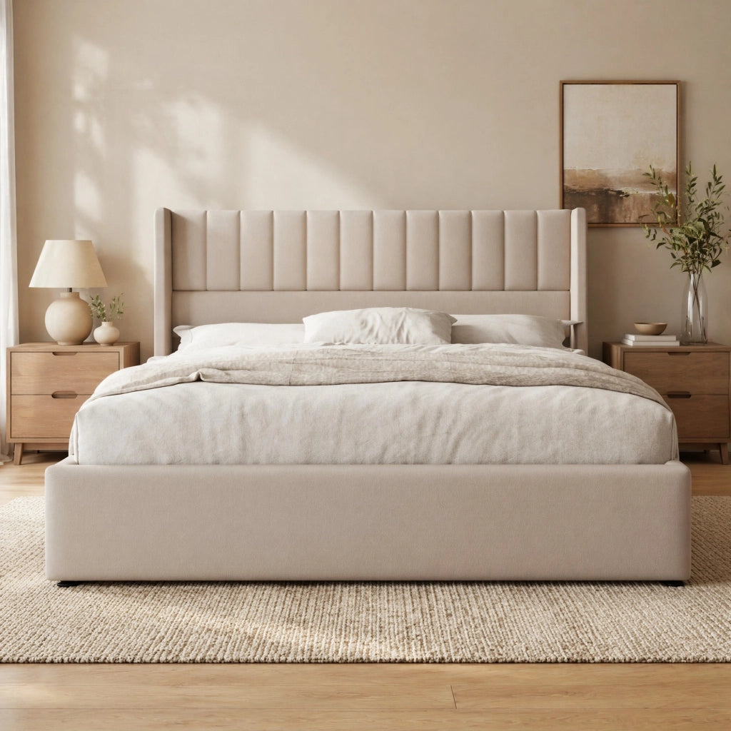Letto contenitore imbottito idraulico matrimoniale 160x200 cm, struttura in legno massiccio e metallo, rivestimento in lino, Beige