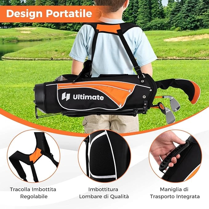 Set Completo di Mazze da Golf per Bambini, Inculude Fairway 3, Ferri 7 e 9, Putter, Copritesta, Borsa Portatile e Cappuccio Antipioggia, Set da Golf per Destrimano(Per 8-10 Anni)