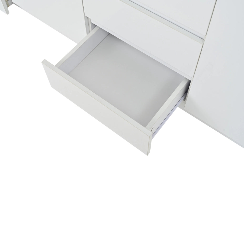 Sideboard 140x35x72 cm con 2 ante; 3 cassetti; LED; bianco lucido