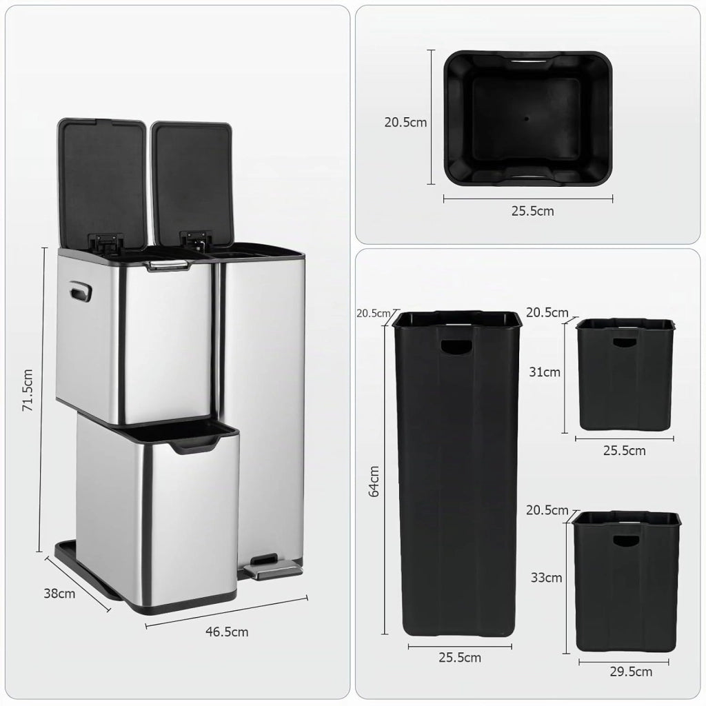 Pattumiera a 3 scomparti, sistema di raccolta differenziata da 60 l (30 + 17 + 13 L) con coperchio Softclose, pattumiera da cucina in acciaio inox, metallo, secchio interno rimovibile con