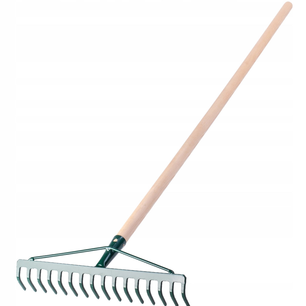 Rastrello per foglie KADAX, per giardino ed erba, con manico in legno, 137 cm, rastrello solido a 16 denti.