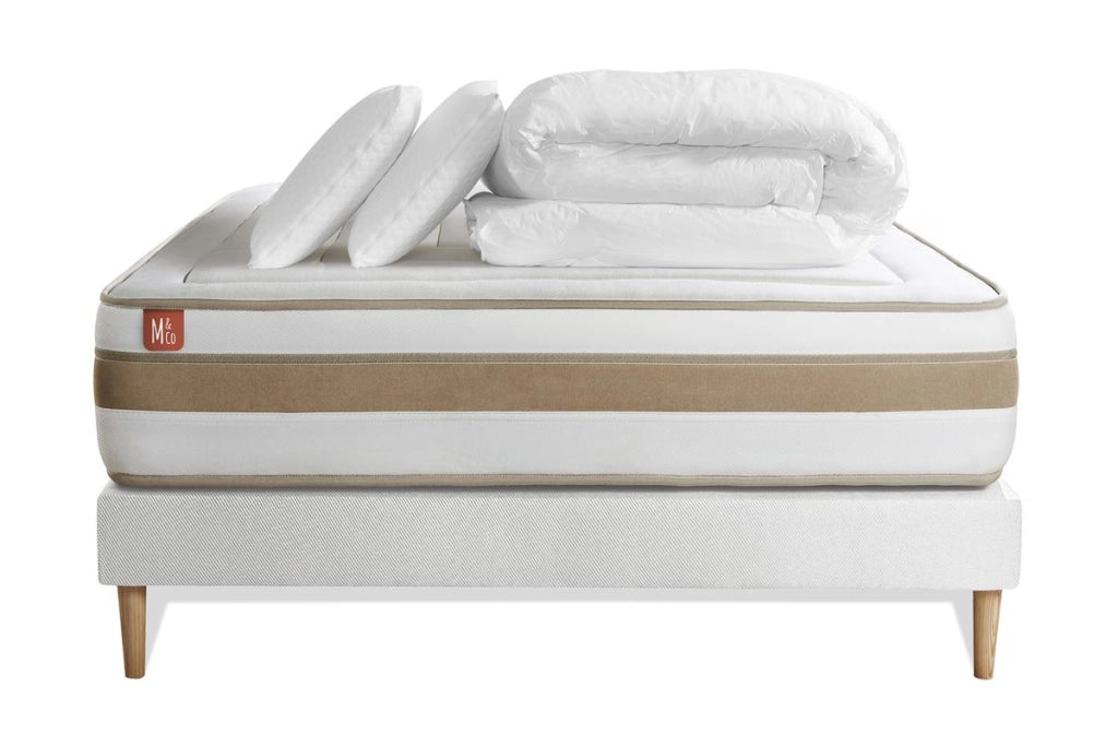 Pacchetto letto completo - Materasso 140x190cm + Box spring con doghe (kit) + 2 cuscini + Piumino - Le Raffiné