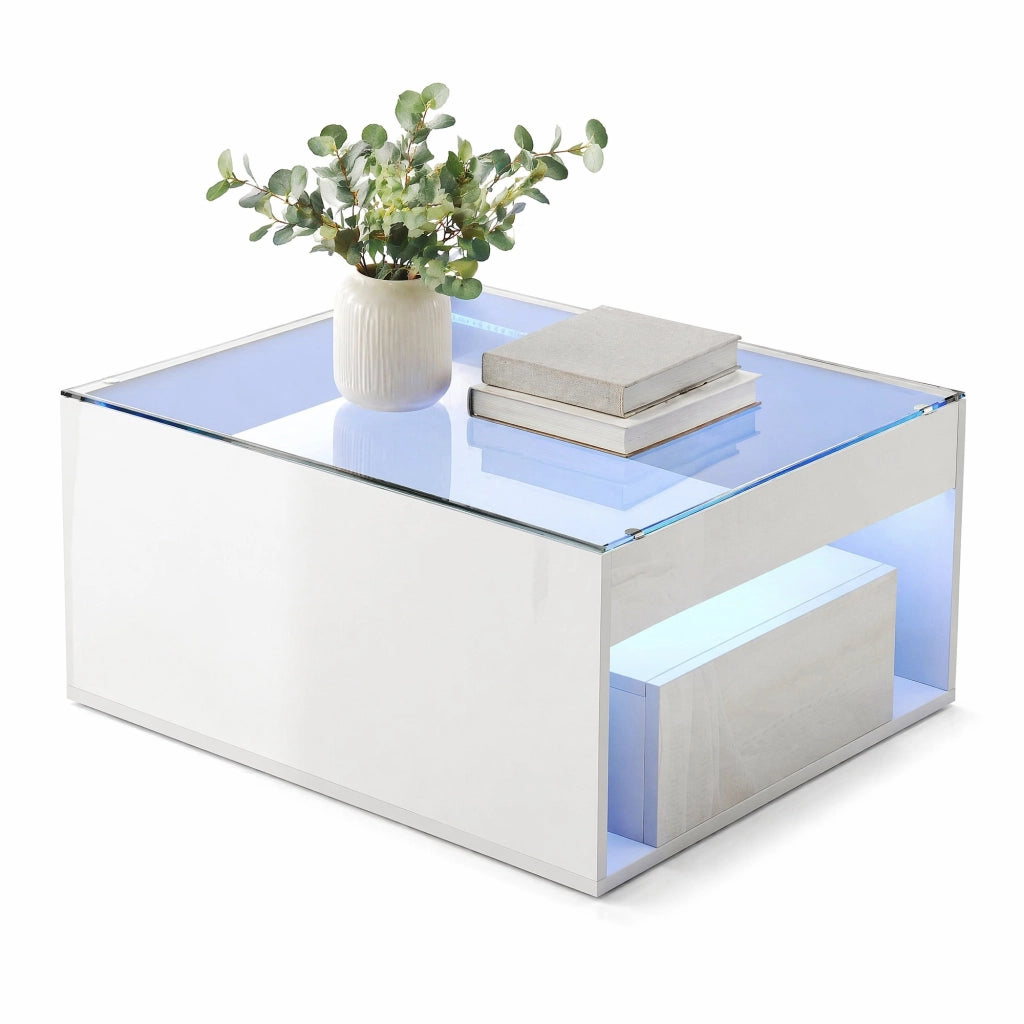 Tavolino da caff¨¨ 70 x 70 x 35 cm in MDF bianco con piano in vetro temperato, 2 cassetti, LED e portata 60 kg