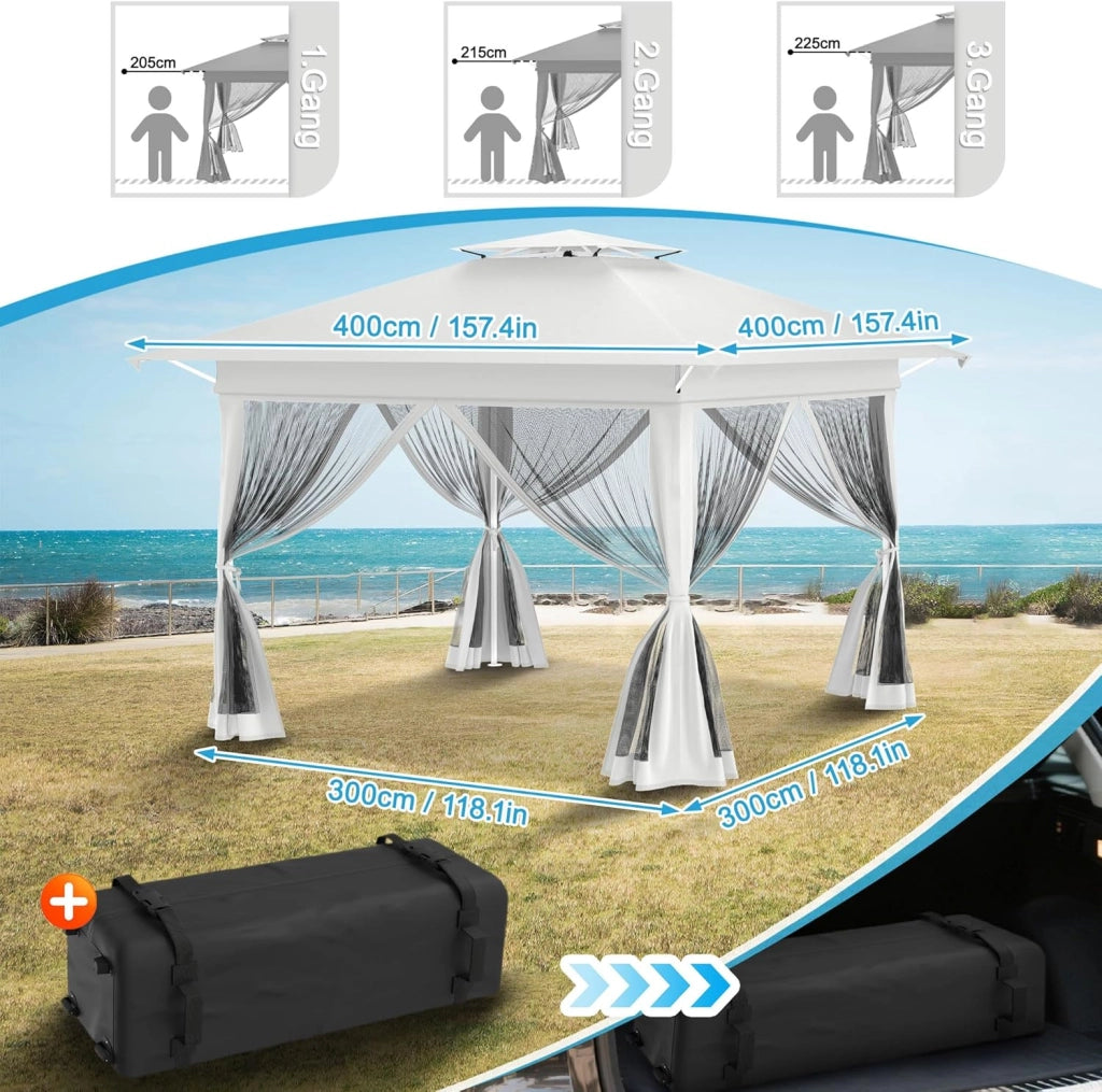 Gazebo 4 x 4 m, impermeabile, stabile, resistente all'inverno, per feste, pieghevole, altezza regolabile con doppio tetto e 4 zanzariere, gazebo da giardino con custodia, colore bianco
