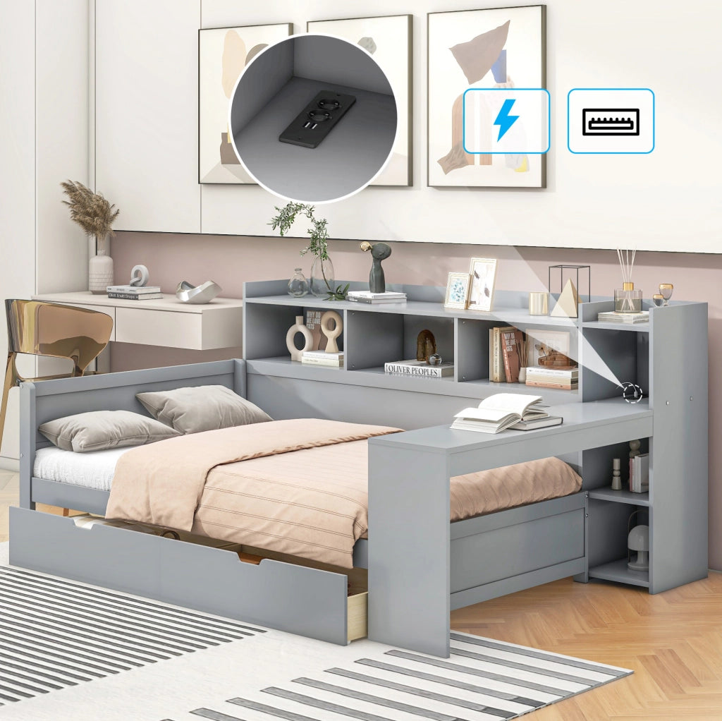 Letto con scrivania, contenitori e ricarica integrata, 90 x 200 cm, grigio