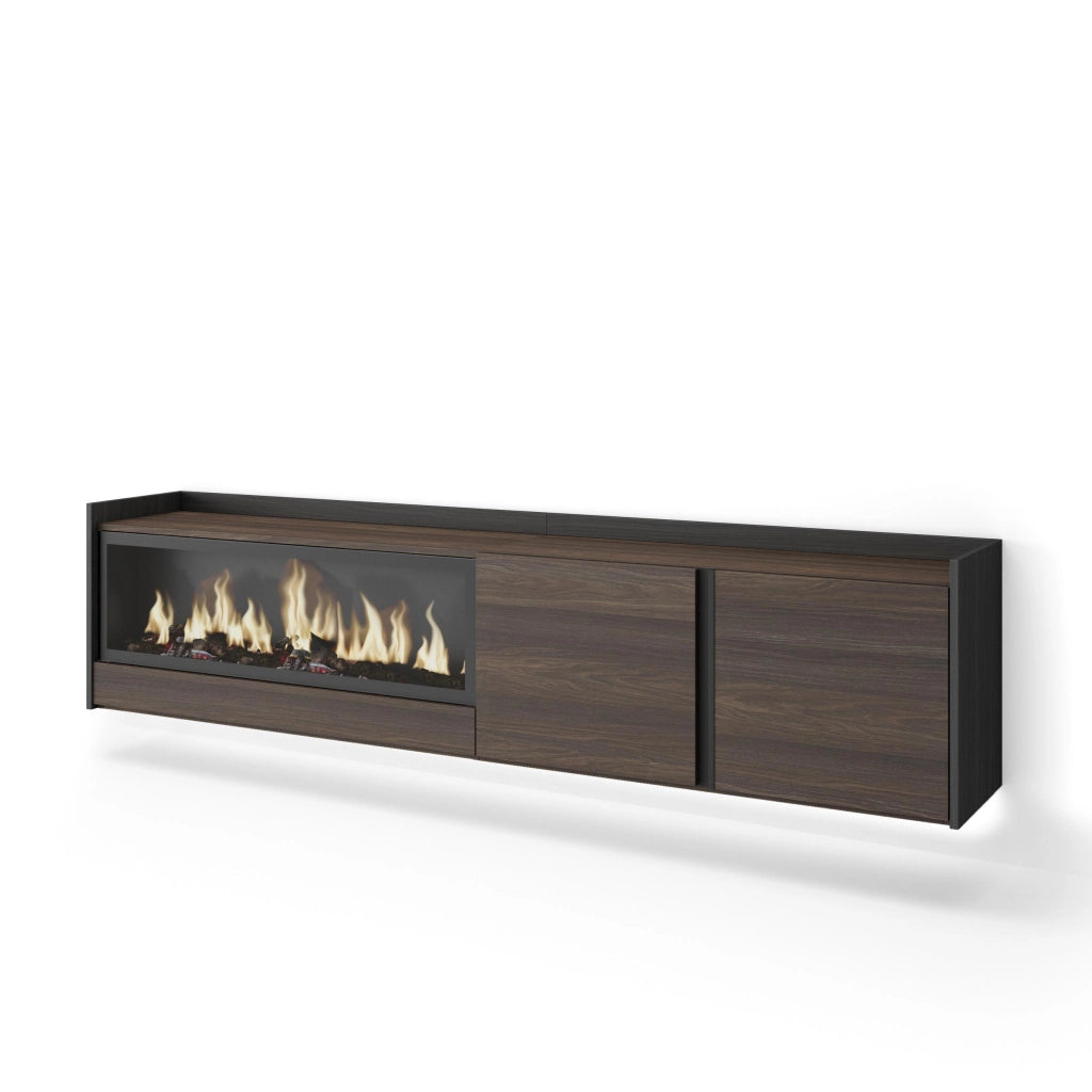 Mobile TV Soggiorno, 212x50x35 cm, Per TV fino a 80", Camino elettrico XXL, Sospeso, da appendere, LED, Rovere scuro e Nero