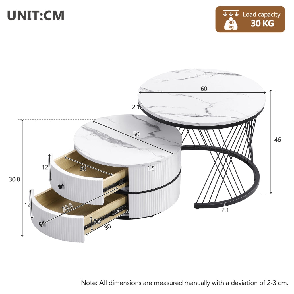 TAVOLINO da caffè set da 2 rotondi effetto marmo bianco MDF con 2 cassetti