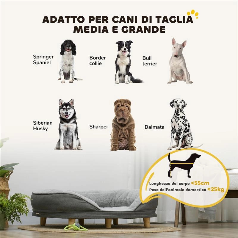 CUCCIA DIVANO PER CANI CON IMBOTTITURA, LETTINO PER CANI TAGLIA GRANDE E MEDIA FINO 25KG, 90X78X25CM, GRIGIO