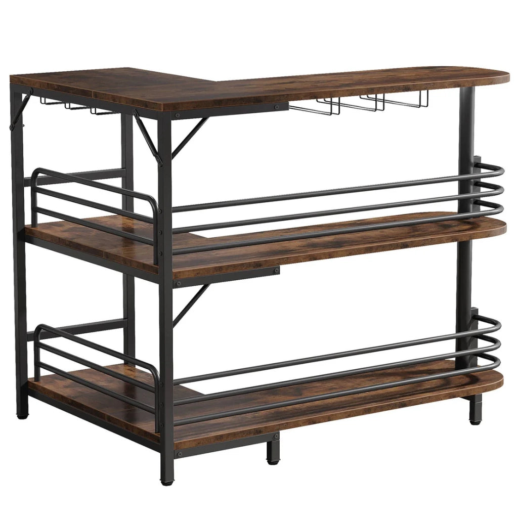 Banco bar angolare per casa in acciaio e truciolato, colore nero e marrone rustico, 120×90 cm
