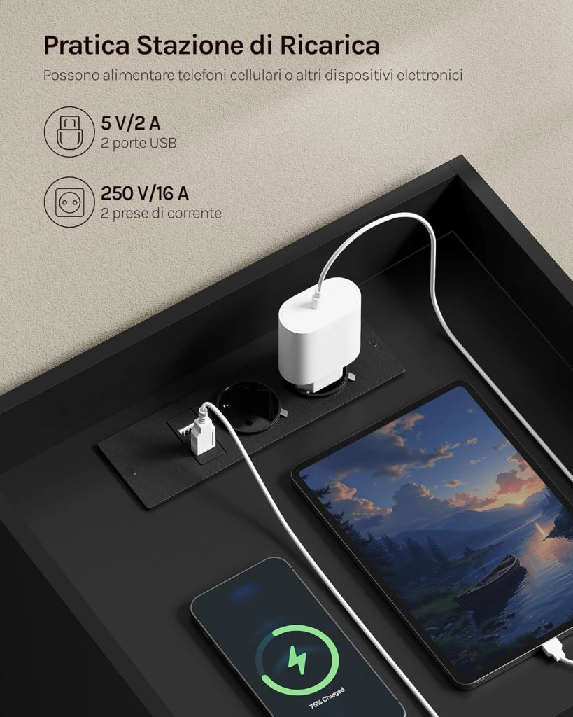 Comodino per Camera da Letto, Comodino Nero con Prese, Porte USB e Luci a LED, Tavolino con 1 Piano, 1 Scomparto e 2 Cassetti, Tavolino da Divano in Legno, NTS07sz