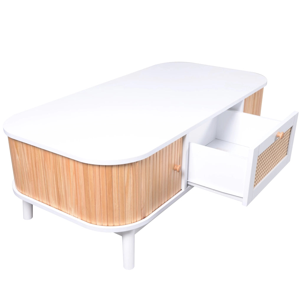 Tavolino da caffè 110x55x38.5 cm; con ampio spazio contenitore; MDF; bianco e colore naturale