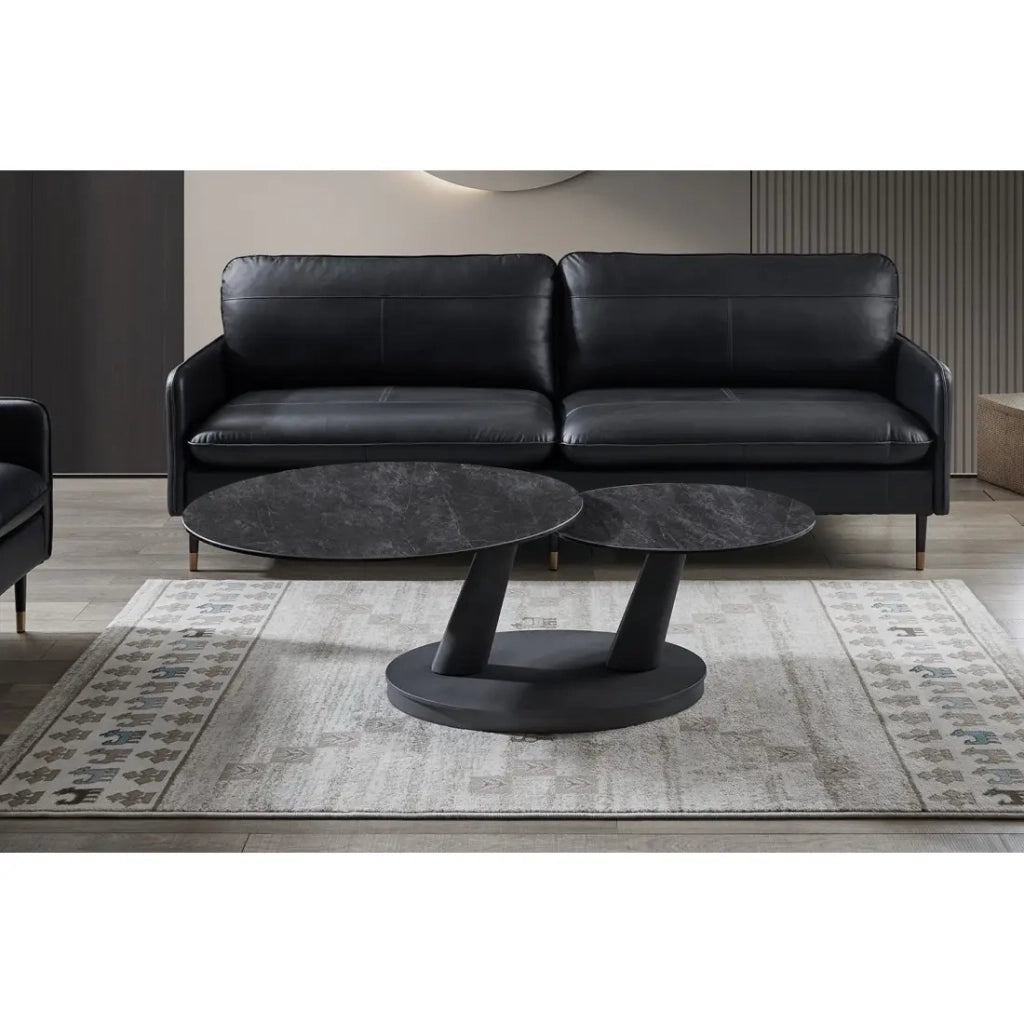 Table bassa VIRELLO – Tavolino rotondo Ø80 cm – Pietra naturale grigio scuro & metallo – Design contemporaneo e robusto