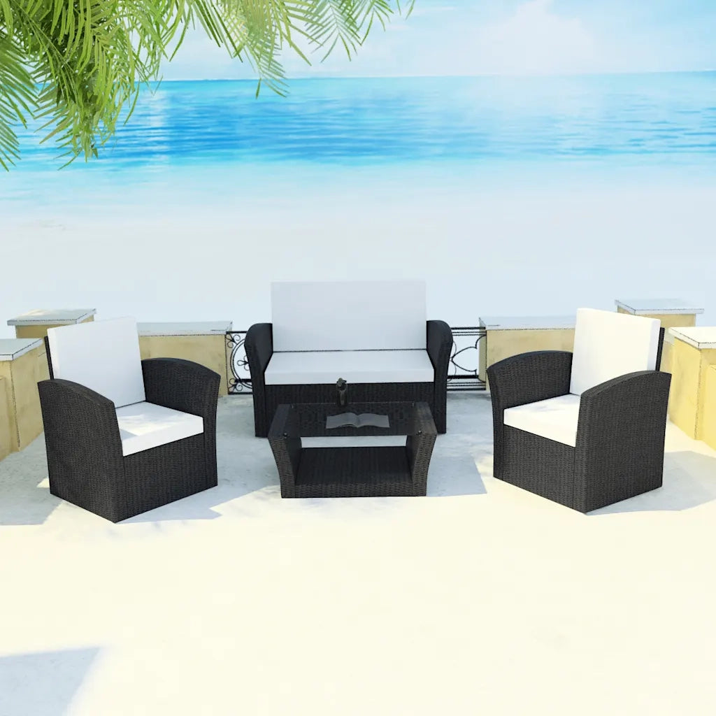 Set Divani da Giardino 4 pz | Set Salotto da Giardino con Cuscini in Polyrattan Nero