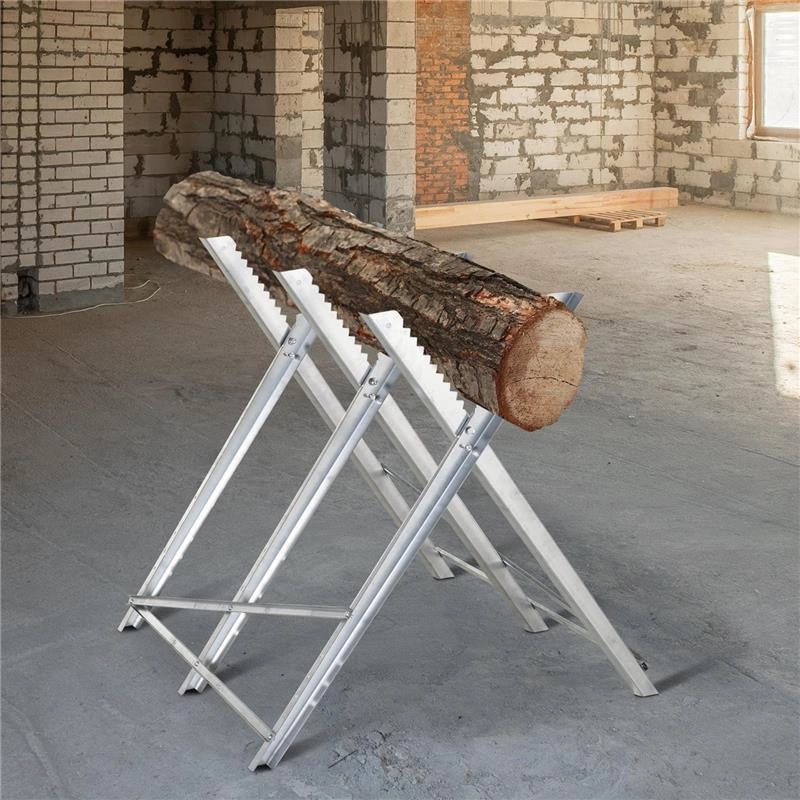 CAVALLETTO TAGLIALEGNA PIEGHEVOLE E TRIANGOLARE IN METALLOCON DENTI SEGHETTATI, 83X83X79 CM, ARGENTO