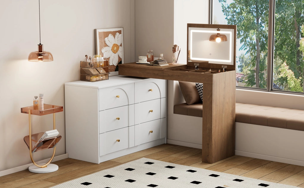 Tavolo da toeletta girevole con specchio LED, scrivania 2 in 1, Bianco + effetto legno, 105¡Á40¡Á80 cm
