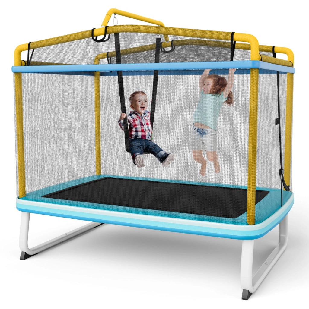 Trampolino per bambini con rete di protezione altalena barra orizzontale, Trampolino da esterno 190x124x222cm Giallo-Trampolini