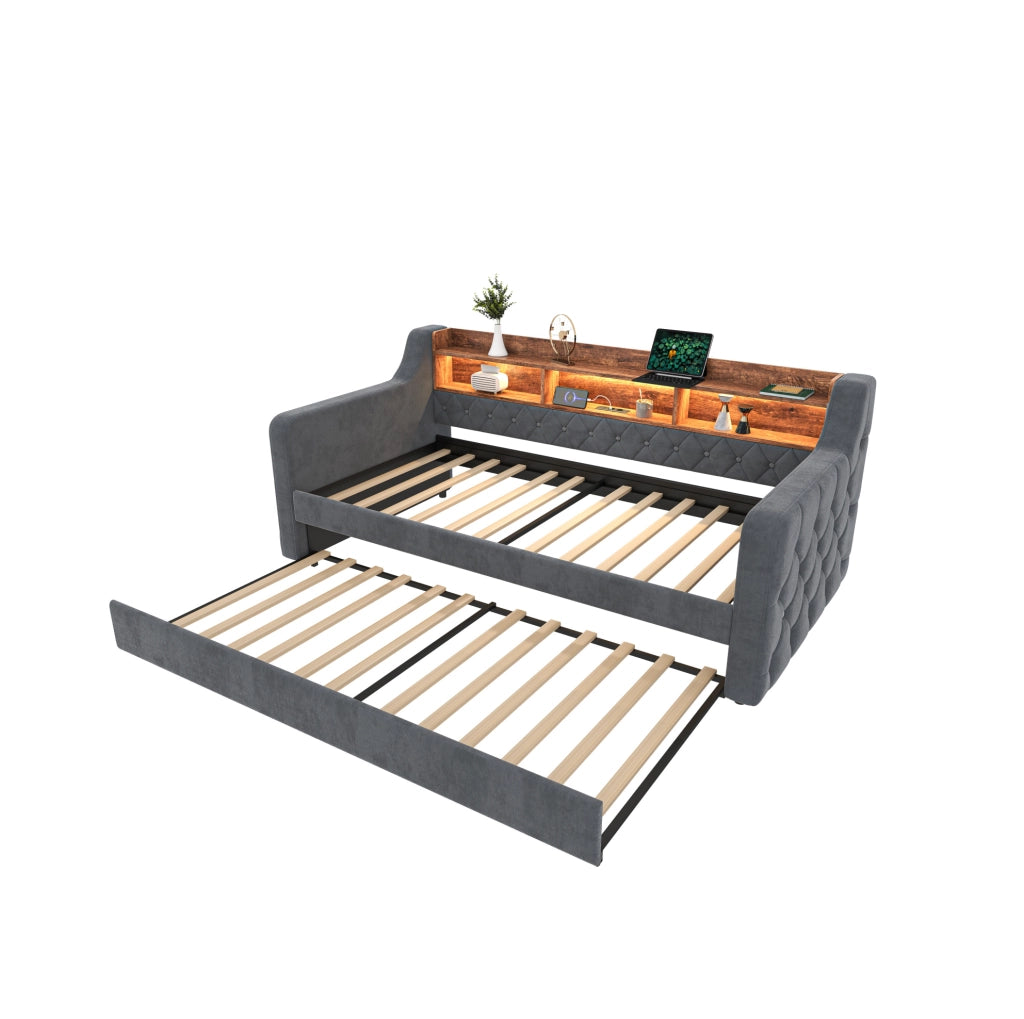 Letto divano estraibile 90x190 cm in velluto grigio scuro con LED; USB-C e vano portaoggetti