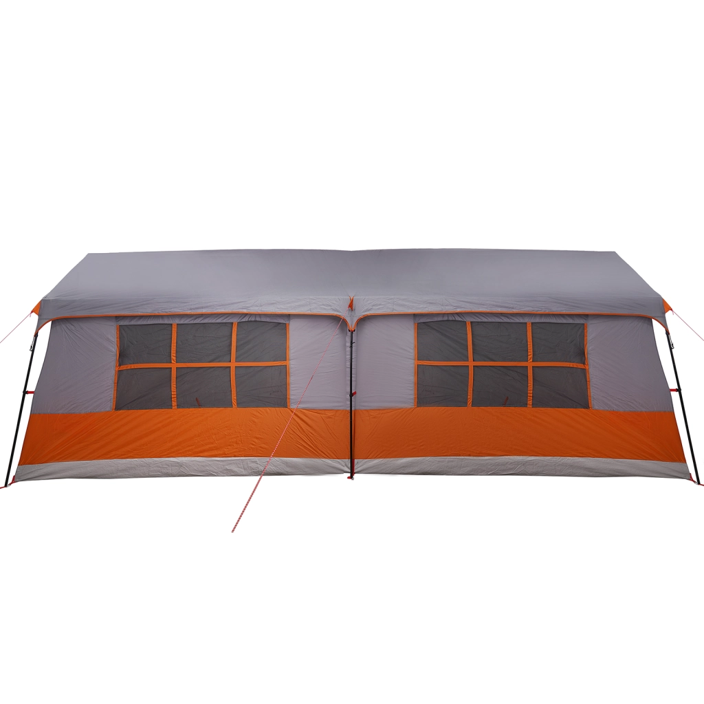Tenda da campeggio impermeabile per 12 persone con finestre grigia e arancione.