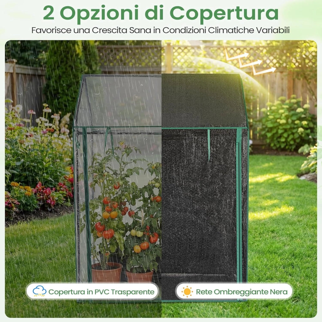 Mini Serra da Esterno ed Interno 129 x 80 x 173 cm, Serra per Pomodori con Copertura Trasparente in PVC, Rete per Ombreggiatura, Porta e Finestre, Ideale per Giardino, Cortile e Terrazzo