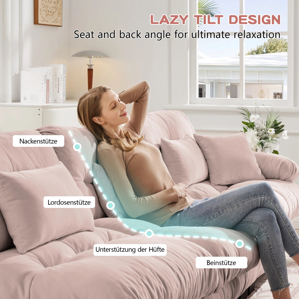 Divano modulare in chenille con cuscini lombari e pouf, seduta profonda e braccioli imbottiti per soggiorno rosa