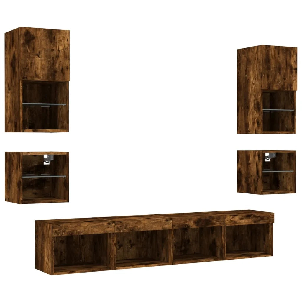 Mobile TV multimediale scaffale TV credenza mobile TV sala da pranzo soggiorno camera da letto con illuminazione a LED 8 pezzi rovere affumicato legno ingegnerizzato marrone 02_0029480