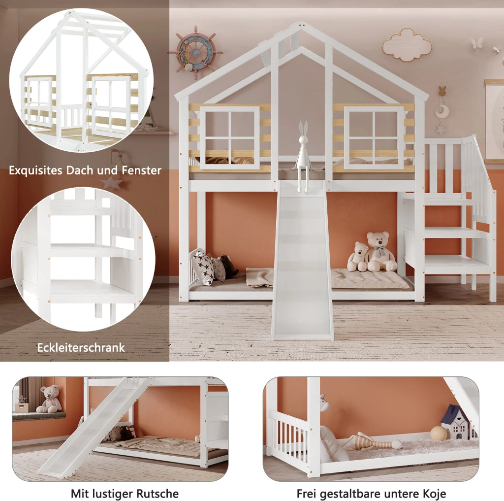 Letto a castello per bambini 90x200 cm con scivolo, bianco