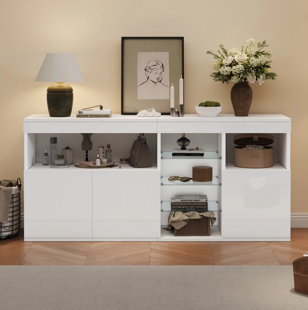 Credenza LED bianca 155,5 x 35 x 72 cm in pannello di particelle e vetro