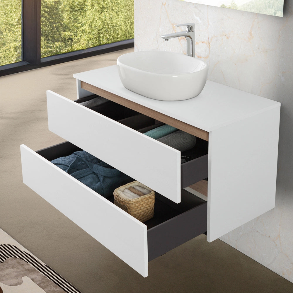 Mobile bagno sospeso 100 cm bianco e rovere con cassetti soft-close Kleo