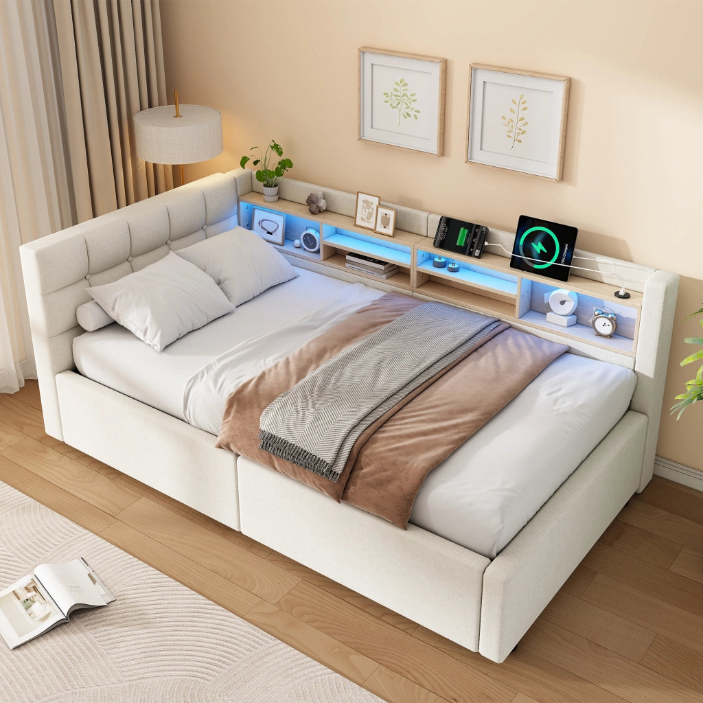 Letto contenitore 90x200 cm con LED dimmerabile; testiera con ripiano e prese USB; rivestimento in lino; beige