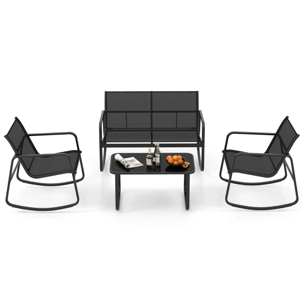 Set da 4 pezzi per il patio con sedie a dondolo, 2 Sedie a dondolo e divanetto con tavolo in vetro per portico Nero-Set mobili da esterno