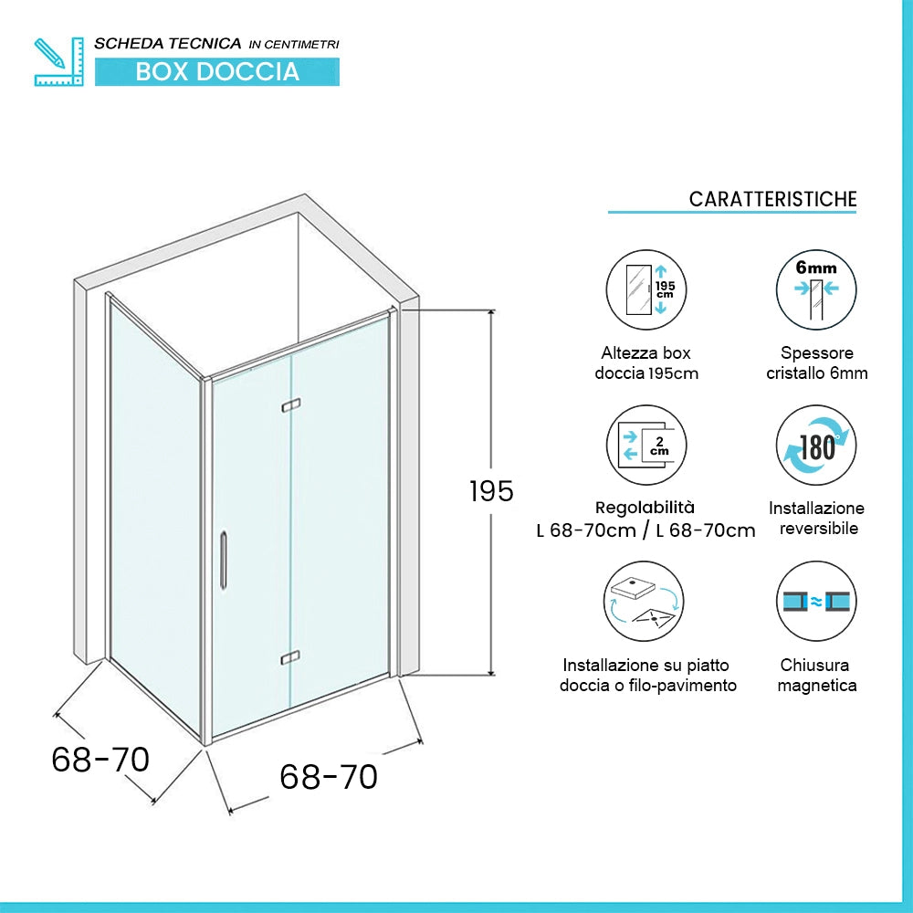 Box doccia angolare a soffietto 70x70 in vetro temperato trasparente con profili nero opaco Neos