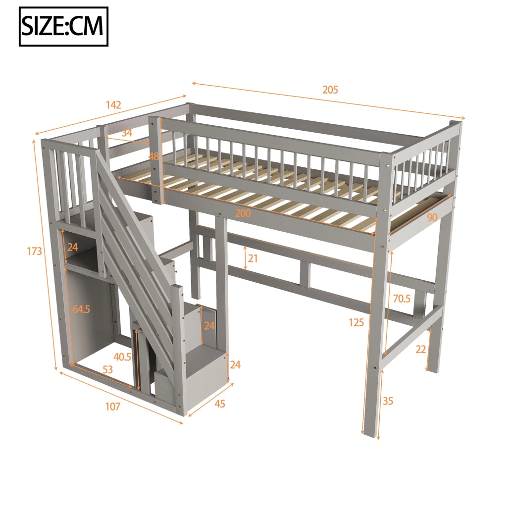 Letto singolo in legno massello grigio con scala contenitiva 90x200 cm