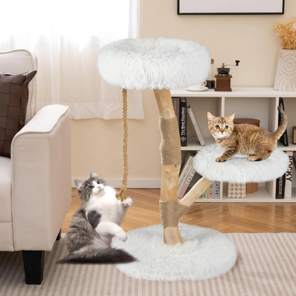 Albero per Gatti 90 cm, Torre Moderna in Legno con Piattaforme, Tiragraffi in Luta Naturale e Corda, Albero Tiragraffi per Animali Domestici (Bianco)