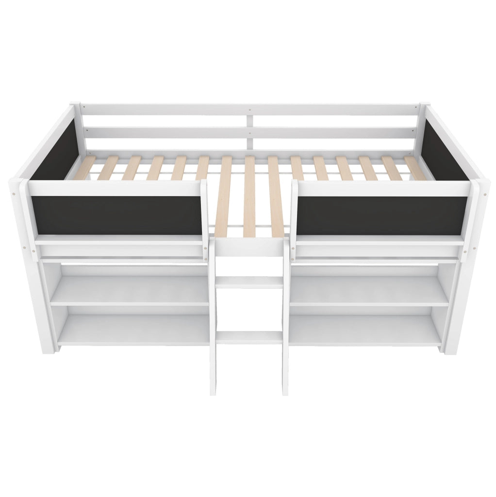 Letto semialto 90x200 cm con mensole, sponda di sicurezza e scala, bianco