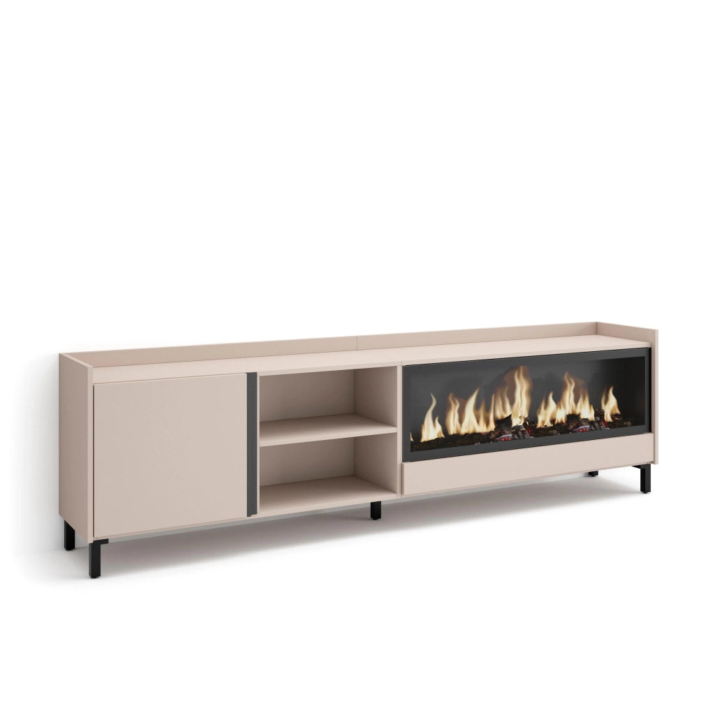 Mobile TV Soggiorno, 212x61x35 cm, Per TV fino a 80", Camino elettrico XXL, Design industriale, Beige
