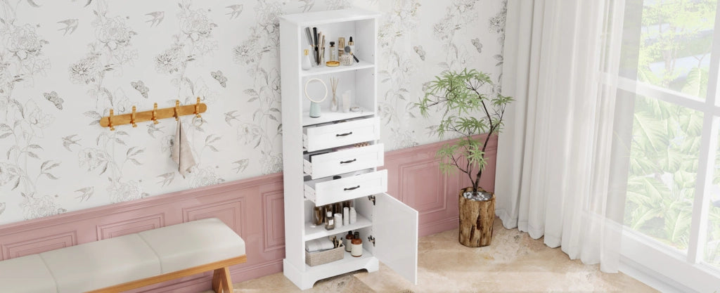 Armadio bagno bianco 56x25,6x167 cm con 3 cassetti, ripiani regolabili e design moderno