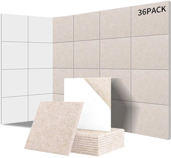 Pannelli Acustici Autoadesivi - 36 Pezzi - Isolamento Acustico - Densità 230 kg/m³ - NRC 0,95 - Design Quadrato 30 x 30 x 0,9 cm