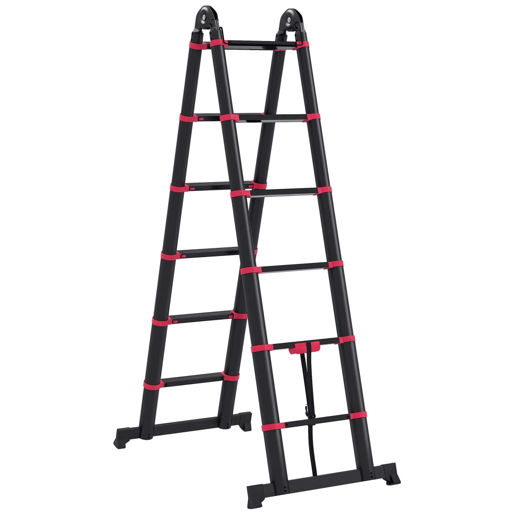 Scala Pieghevole in Alluminio 12 Gradini Antiscivolo 150 kg ¨C zephmum ¨C 379x67.5x11 cm Nero e Rosso