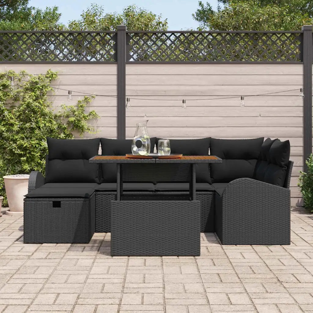 Set Divano da Giardino con cuscino 7 pcs Nero polyrattan
