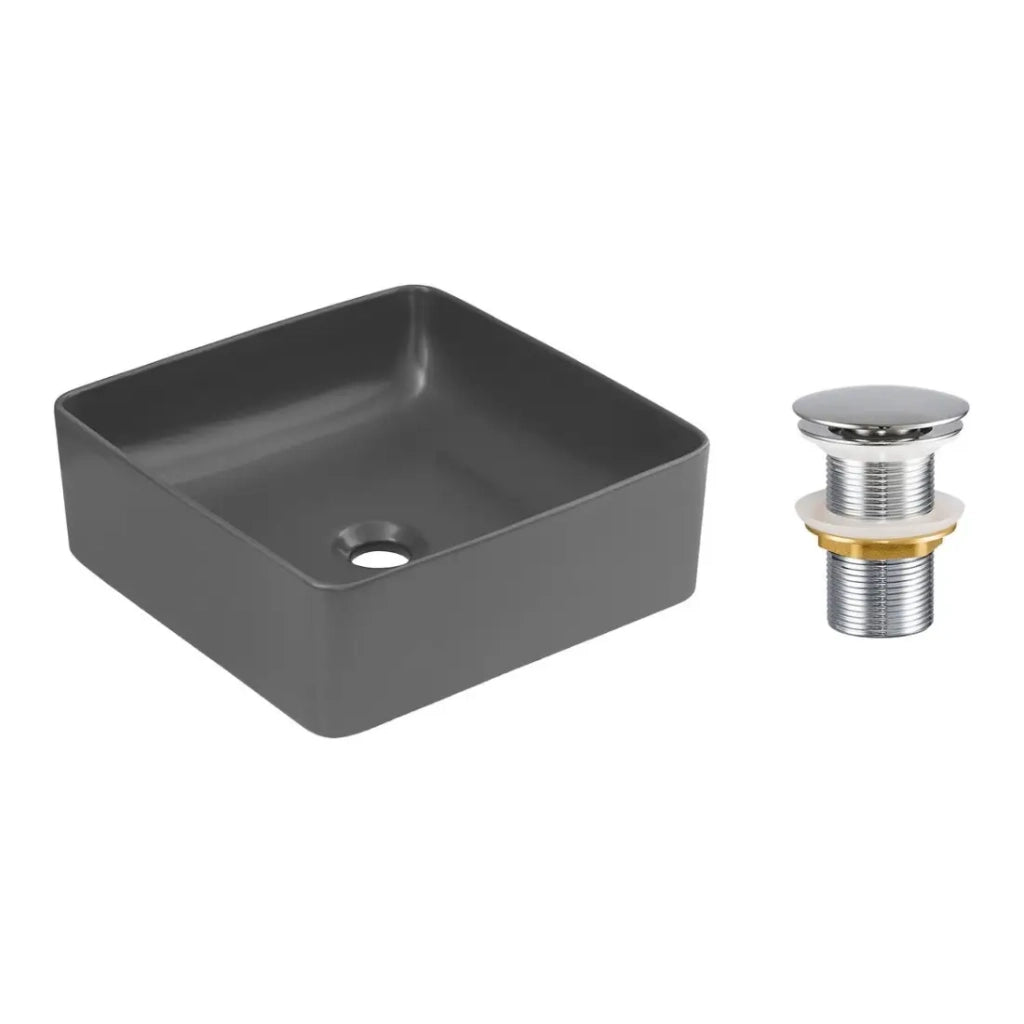 Lavabo da appoggio quadrato 37x37 cm grigio opaco in ceramica con piletta clic-clac in metallo inclusa