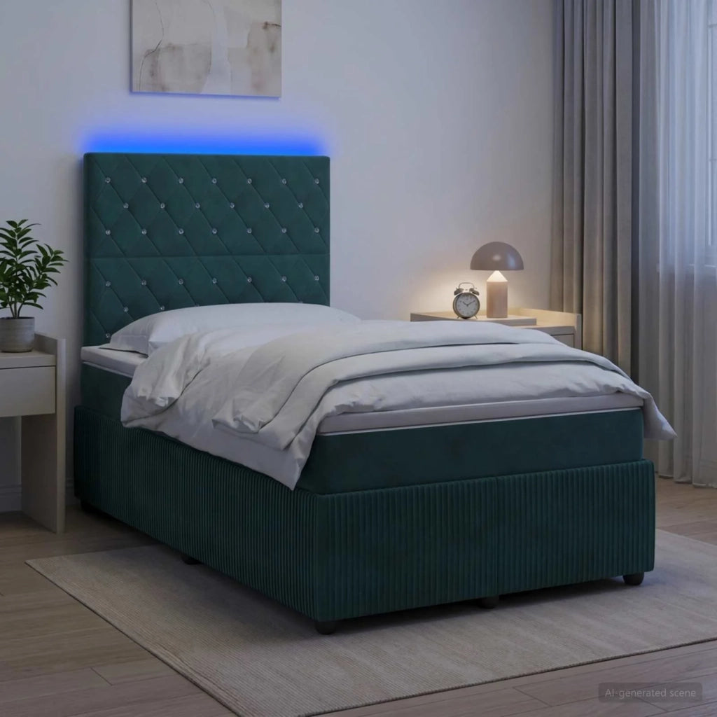 Letto Box Spring LED con Materasso Verde Scuro 120 x 190 cm 3456026