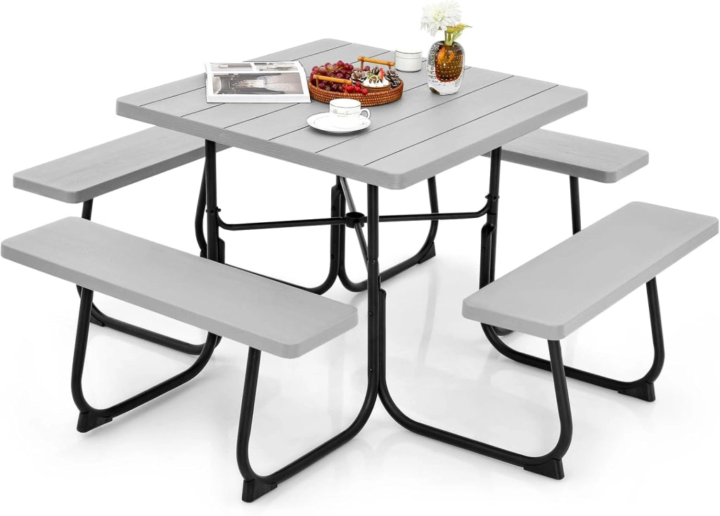 Set di tavolo da picnic per 8 persone, tavolo quadrato e 4 panche in HDPE, con foro per ombrellone, texture simile al legno, per giardino, patio (verde)